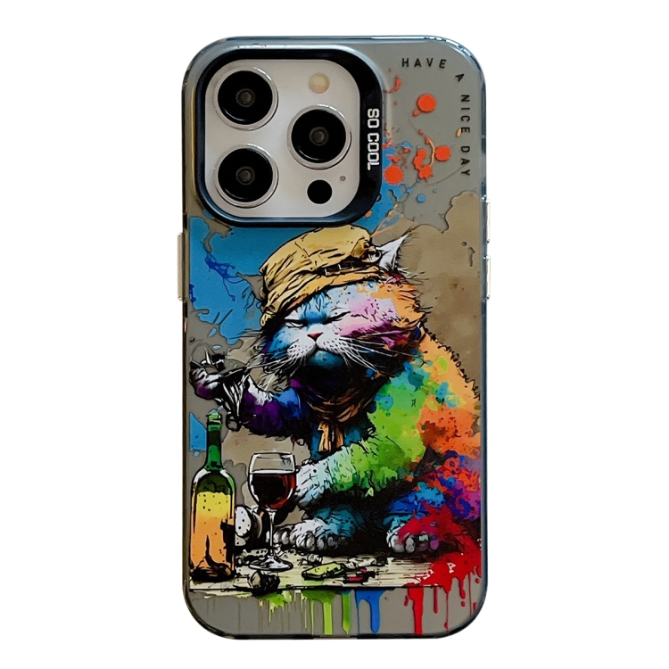 iPhone 14 Pro Animal Pattern Oil Painting Series PC + TPU Phone Case - Drinking Cat