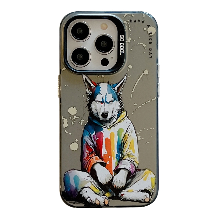 iPhone 14 Pro Animal Pattern Oil Painting Series PC + TPU Phone Case - Hoodie Dog