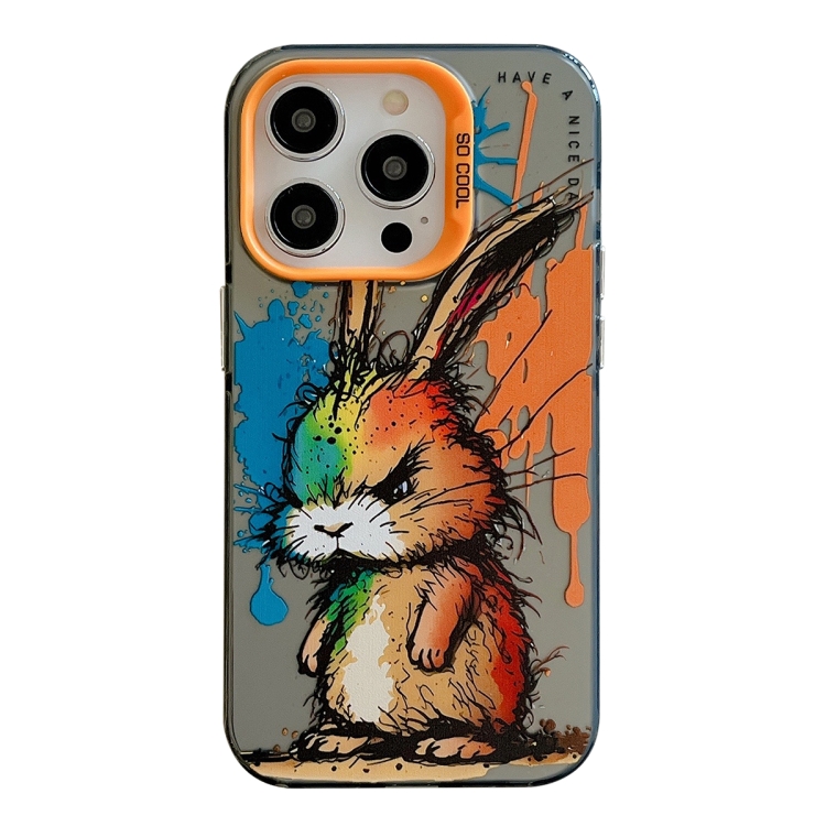 iPhone 14 Pro Max Animal Pattern Oil Painting Series PC + TPU Phone Case - Fat Rabbit