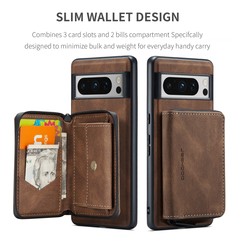Google Pixel 8 Pro JEEHOOD Magnetic Zipper Wallet Phone Leather Case - Brown